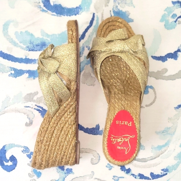 Christian Louboutin Gold Wedge Espadrilles Sandals - Picture 3 of 6